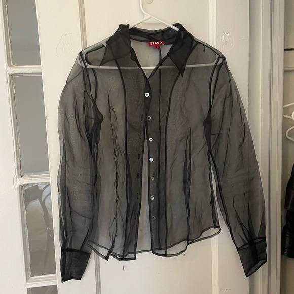 Staud Black Mesh Collared Blouse - Picture 2 of 6